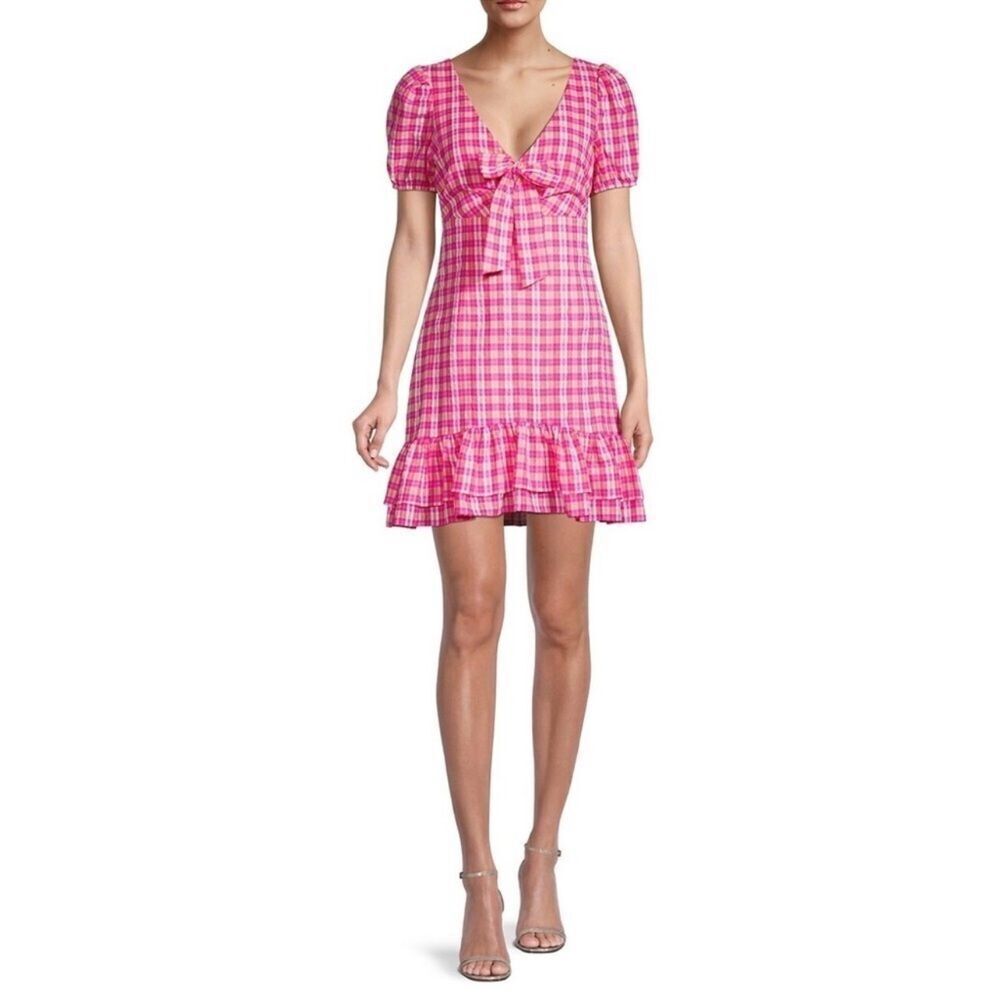 NWT LIKELY Kai Check Ruffle Hem Puff Sleeve Mini Dress in Fuchsia Multi size 10